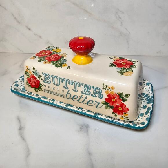 Pioneer Woman Ceramic Sweet Rose Floral Covered Butter Dish with Handle and Base - Picture 5 of 7